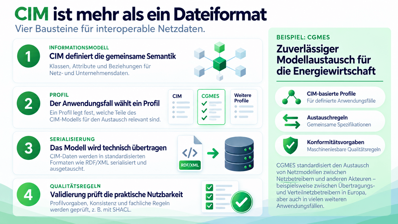 CIM, Profile, Serialisierung und Qualitätsregeln werden voneinander abgegrenzt; CGMES ist als konkretes Beispiel eingeordnet
