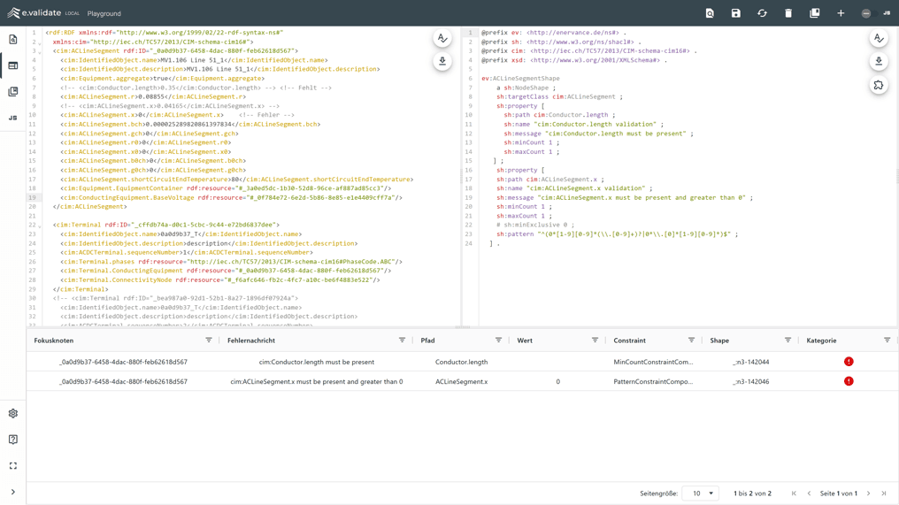 Validation results are displayed in e.validate together with the affected CIM data